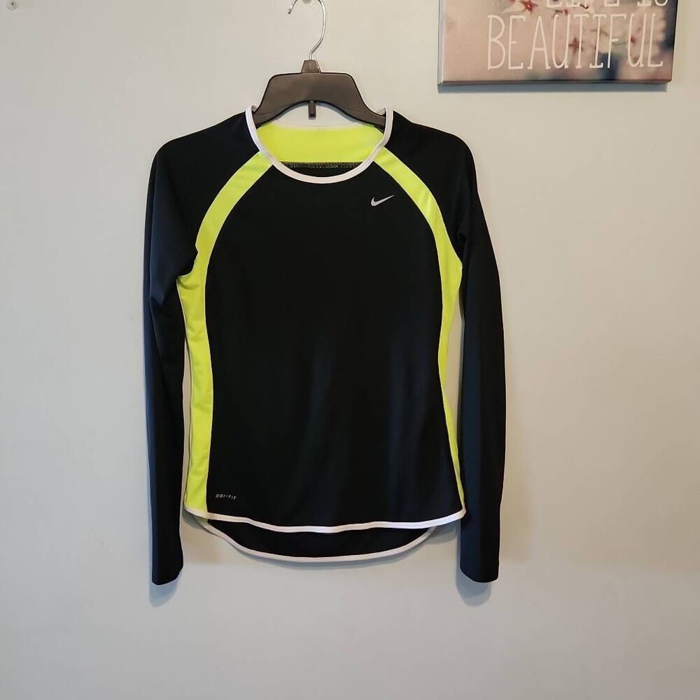 Womens Nike DRI FIT Running Shirt S Black with Neon